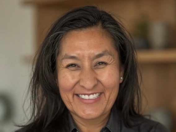 LaCher Pacheco - a woman with shoulder length black hair smiling at the camera She is wearing a black button up shirt. 