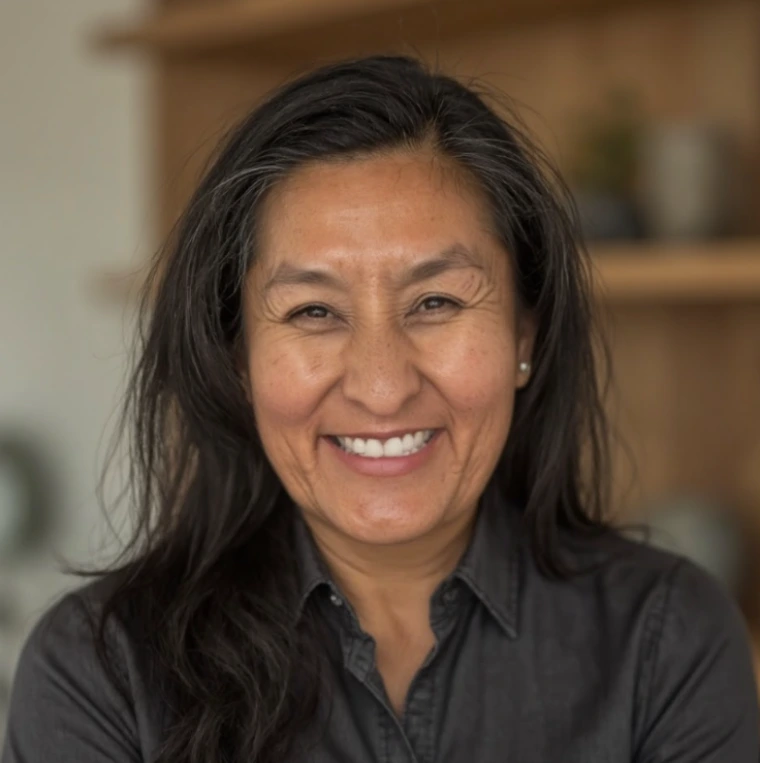 LaCher Pacheco - a woman with shoulder length black hair smiling at the camera She is wearing a black button up shirt.